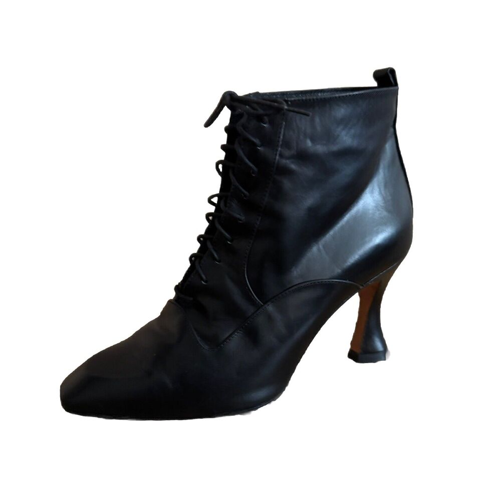Sacha Black Leather Ankle Heeled Boots Pointed Toe Lace Up Women's Size 6.5